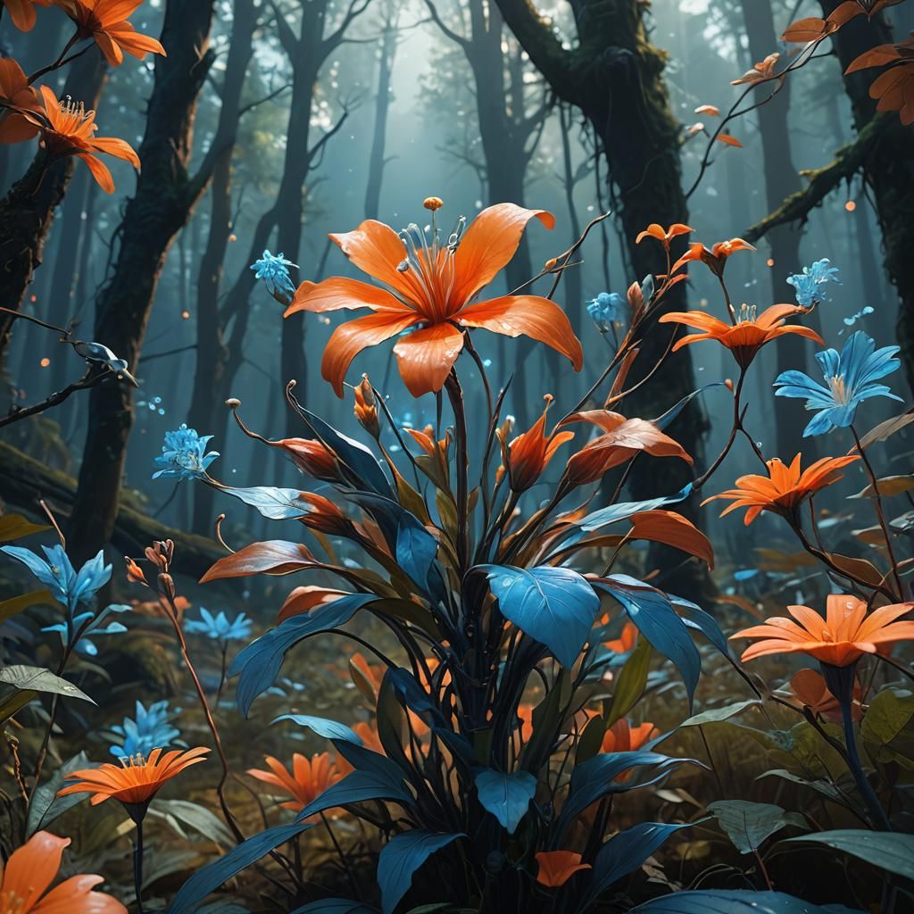 Exotic Flower Blooms in Iridescent Forest