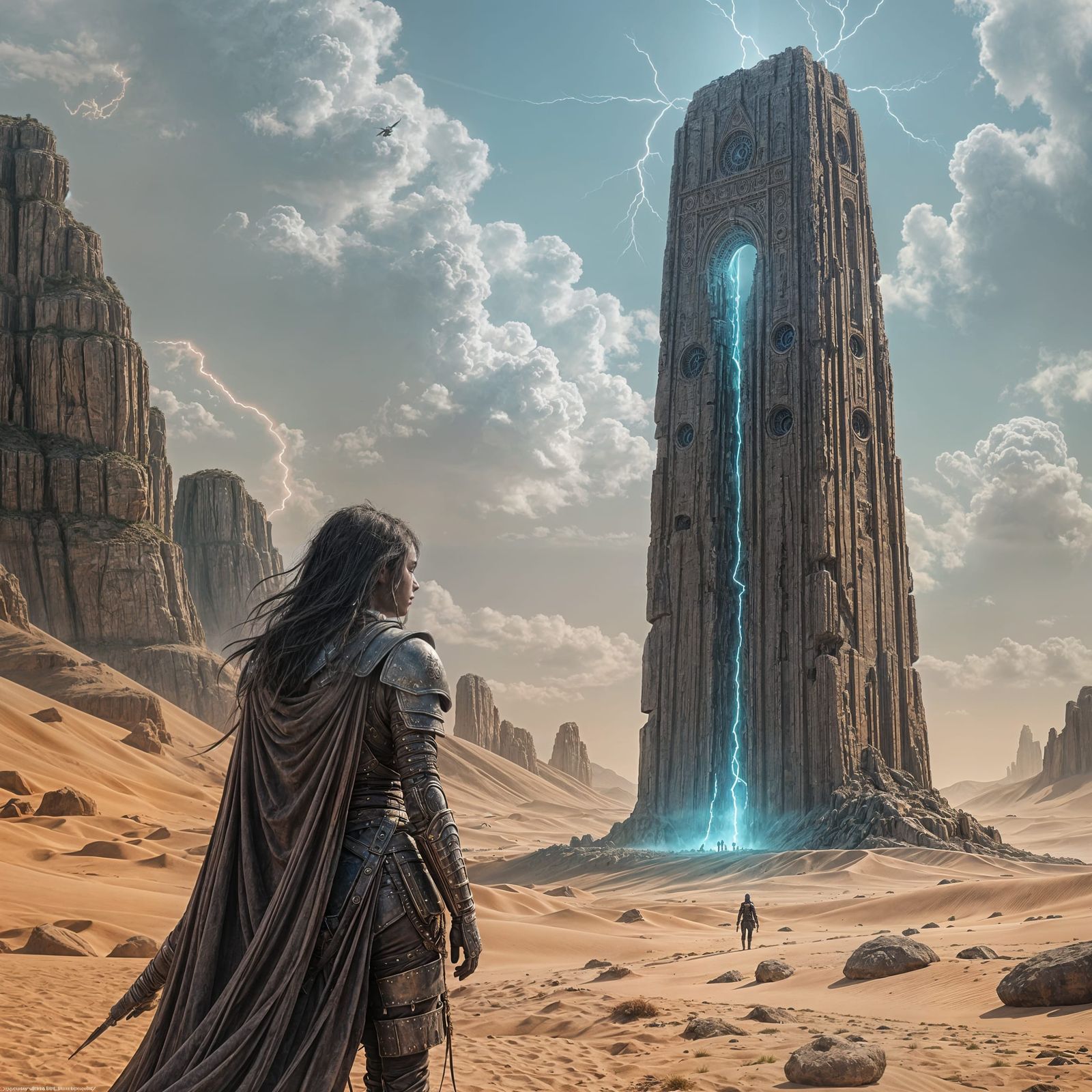 Alien Desert Wanderer Gazes at Ancient Monolith