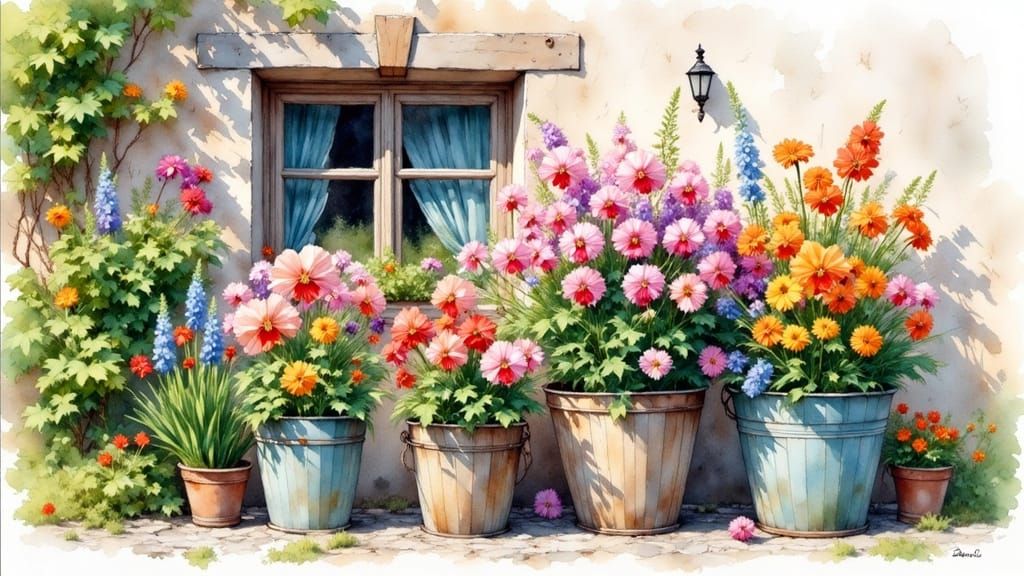 Vibrant Flowers in Pails, Watercolor Painting