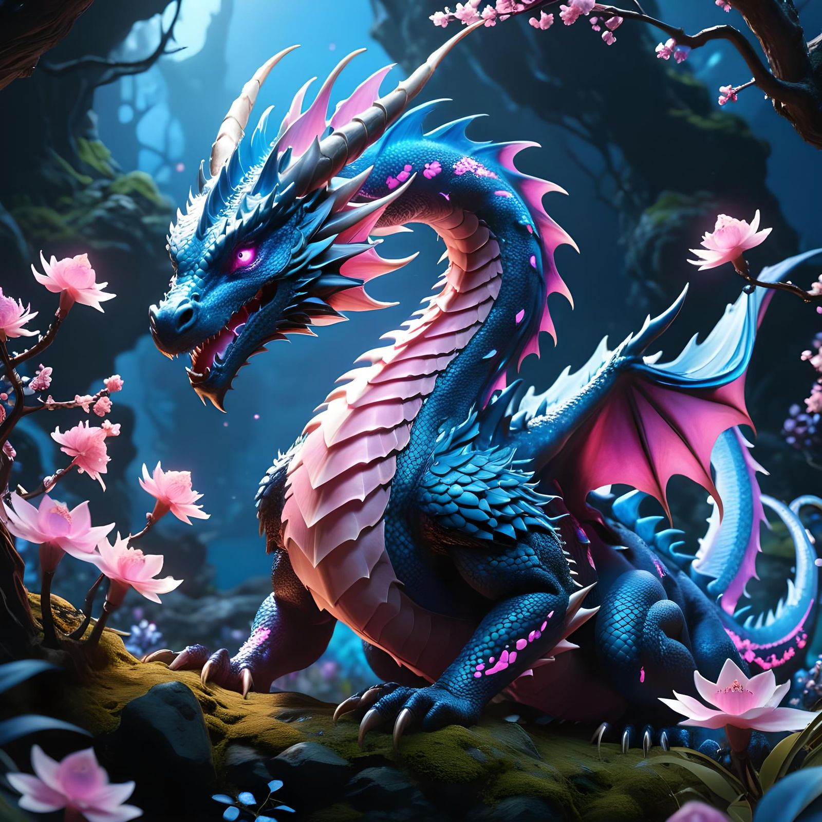 Ethereal Dragon in Bioluminescent Spring, 3D Render