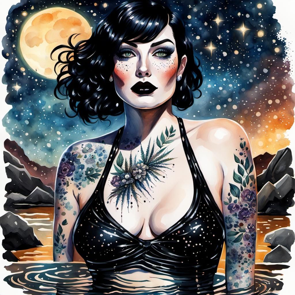 Voluptuous Goth Woman in Steamy Hot Spring Watercolor