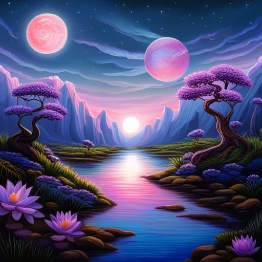 Mystical Fantasy Landscape with Bonsai and Moons
