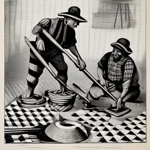 Checkered Workers Forging Wheel: Black and White Linocut