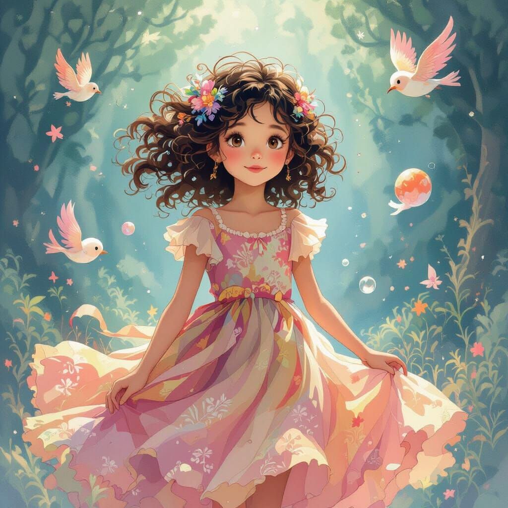 Whimsical Fantasy Girl in Flowing Dress