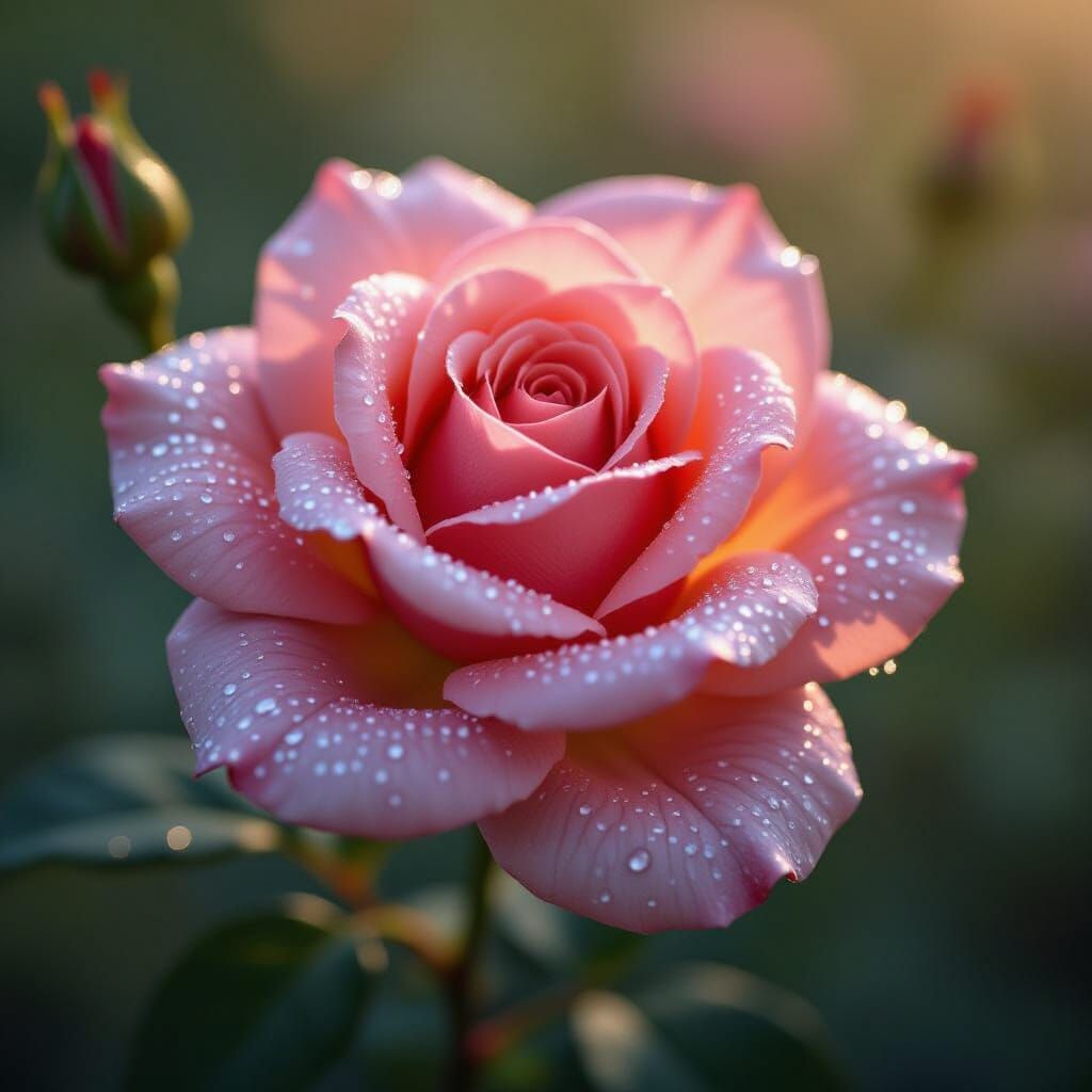 Glowing Spider Silk Rose with Morning Dew, Hyperrealistic