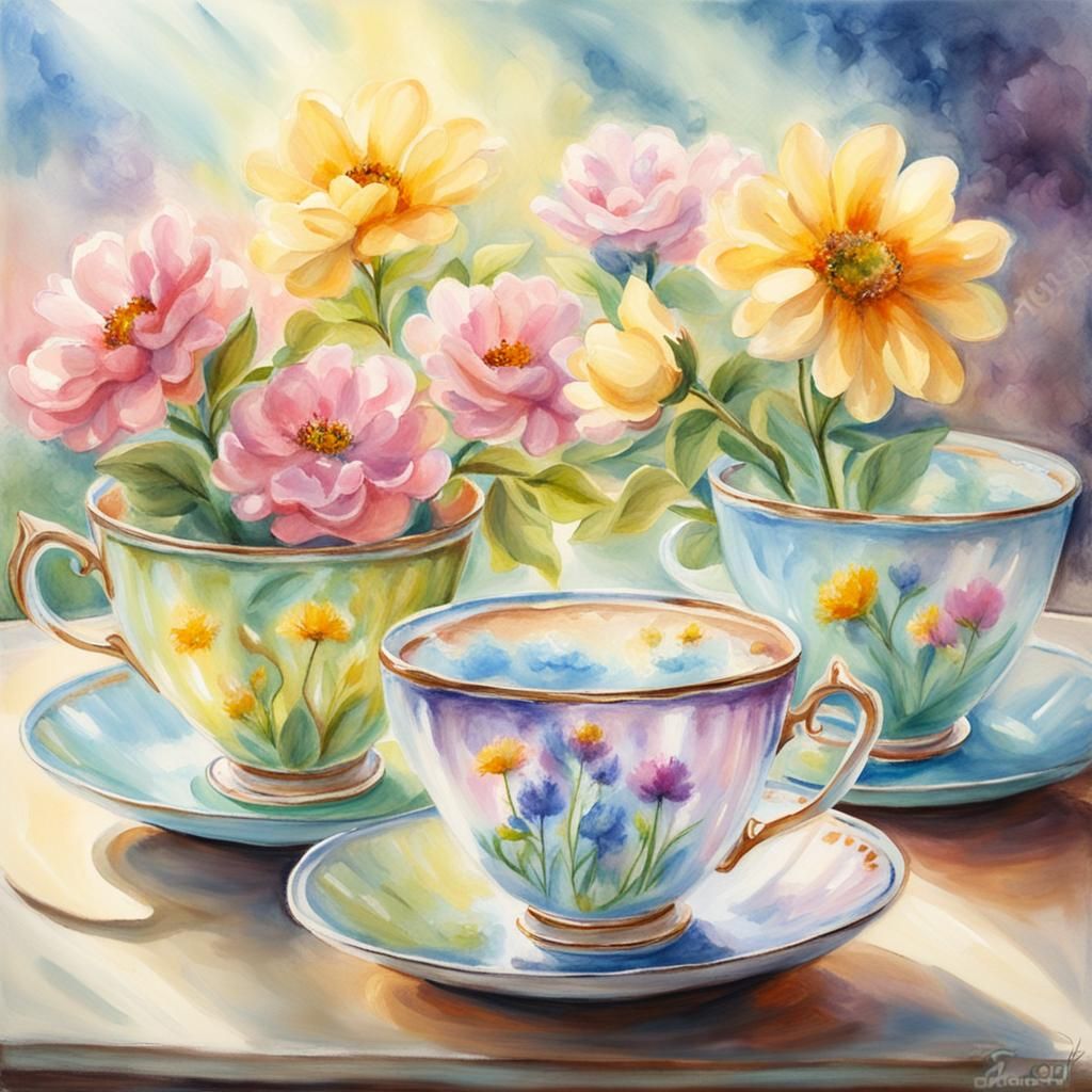 Pastel Watercolor Flowers in Teacups