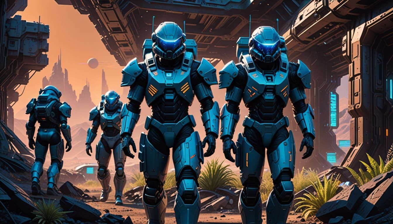 Space-Marines Squad Explores Alien Ruins in Cyberpunk Landsc...