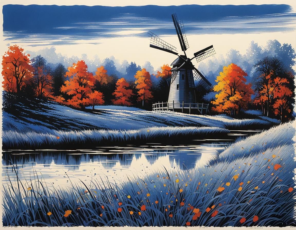 Autumn Windmill in Blue Ink Drawing Style