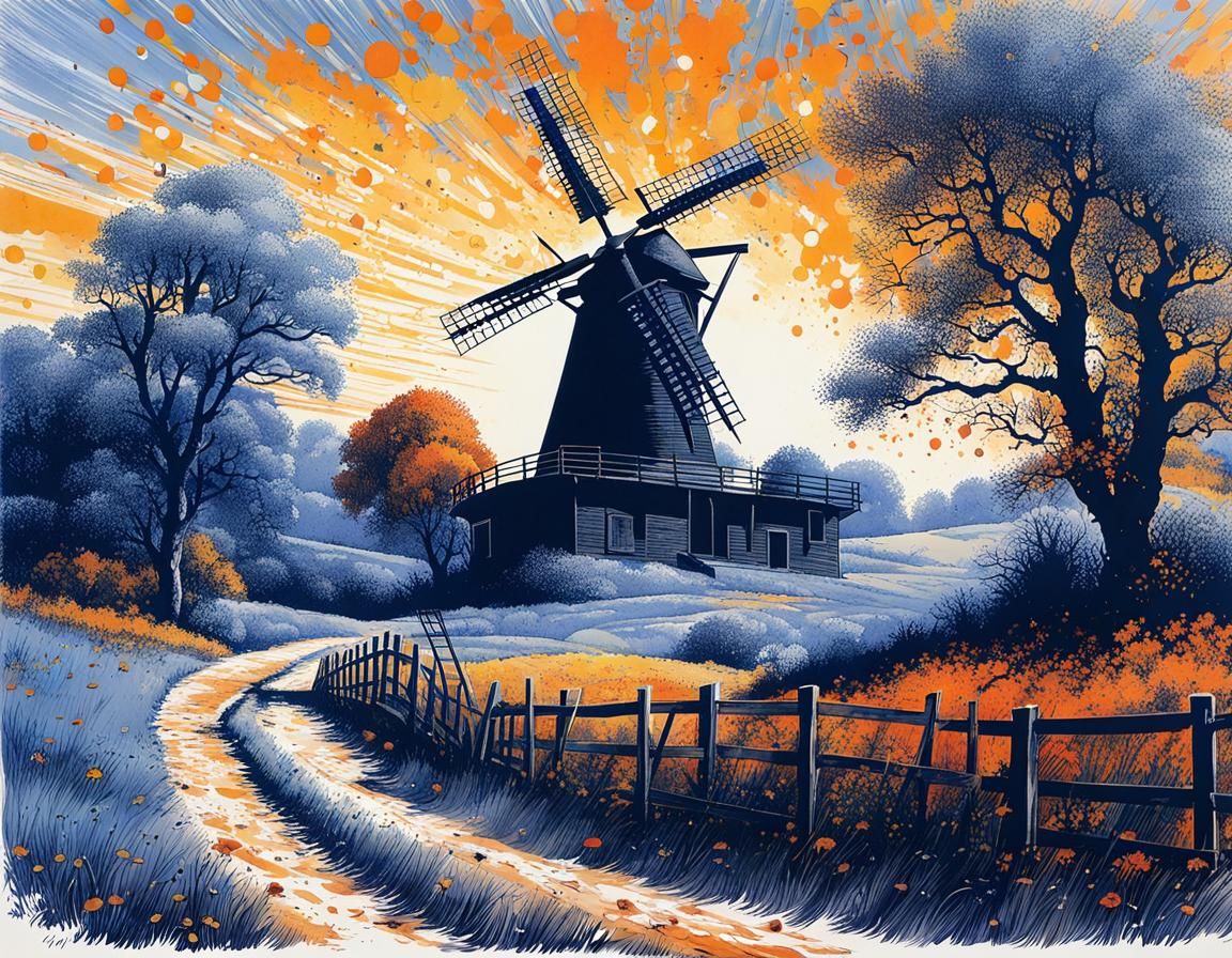 Autumn Windmill Landscape in Expressive Blue Ink