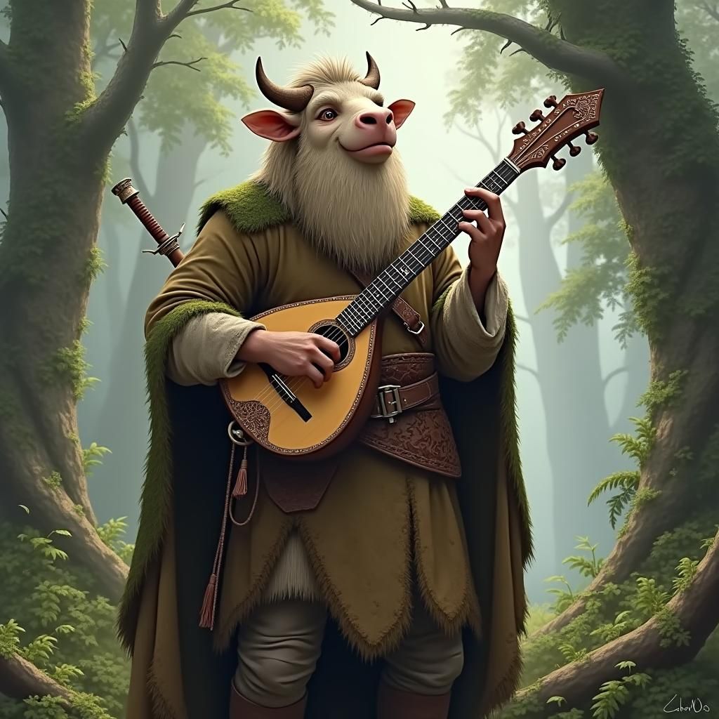 Friendly Firbolg Bard in Whimsical Folkloric Style
