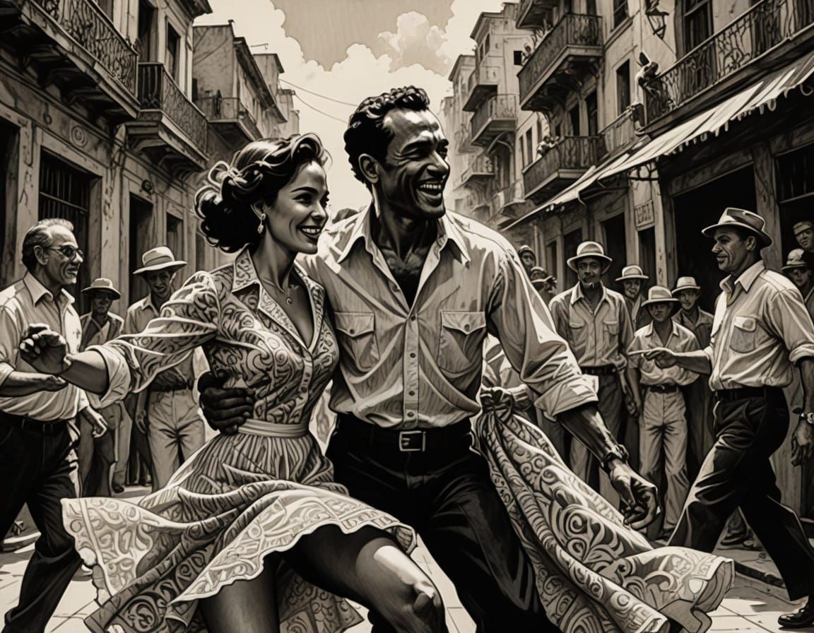 Vintage Salsa Dancers in Mid-Spin, Ink Sketch Style