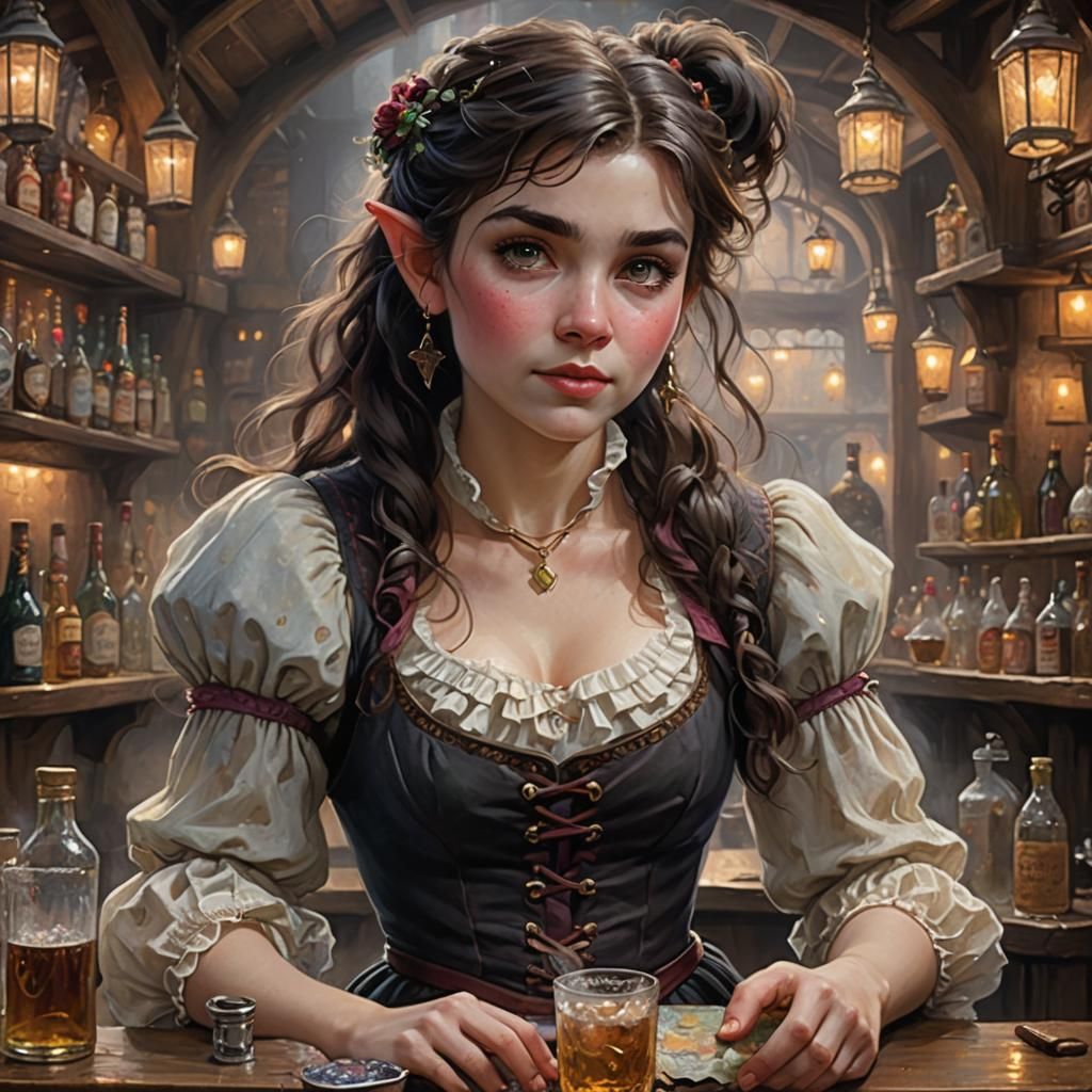 Ethereal Halfling Barmaid in a Misty Fantasy