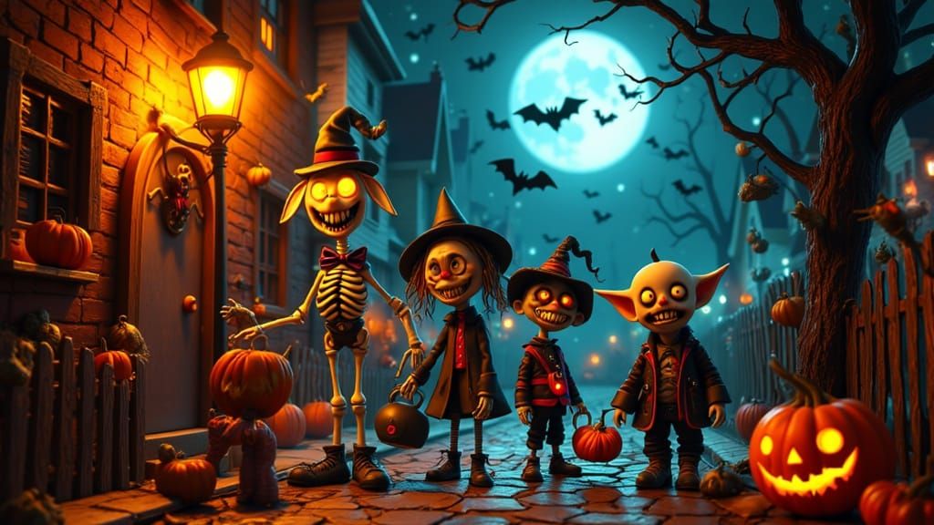 Quirky Monster Family Trick-or-Treating in Claymation Style