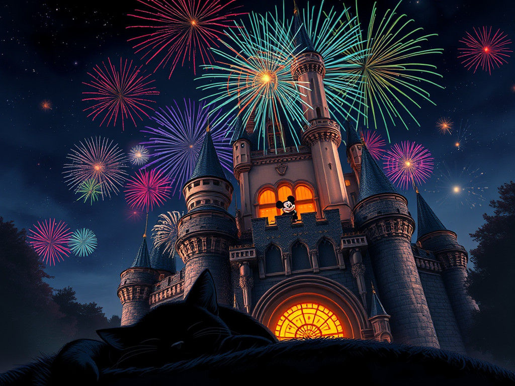 Sleeping Cat at Mickey's Castle Fireworks Display