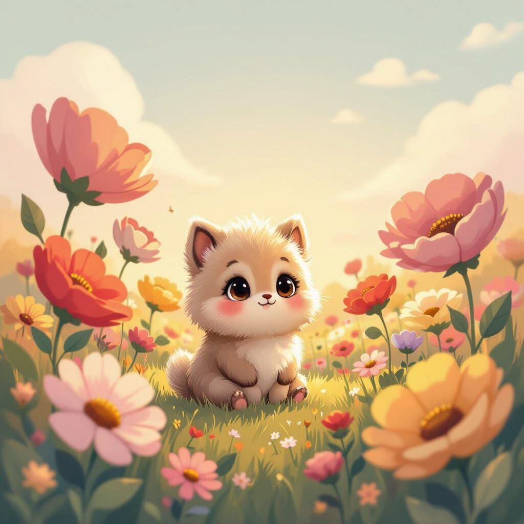 Fluffy Creature in Whimsical Flower Field