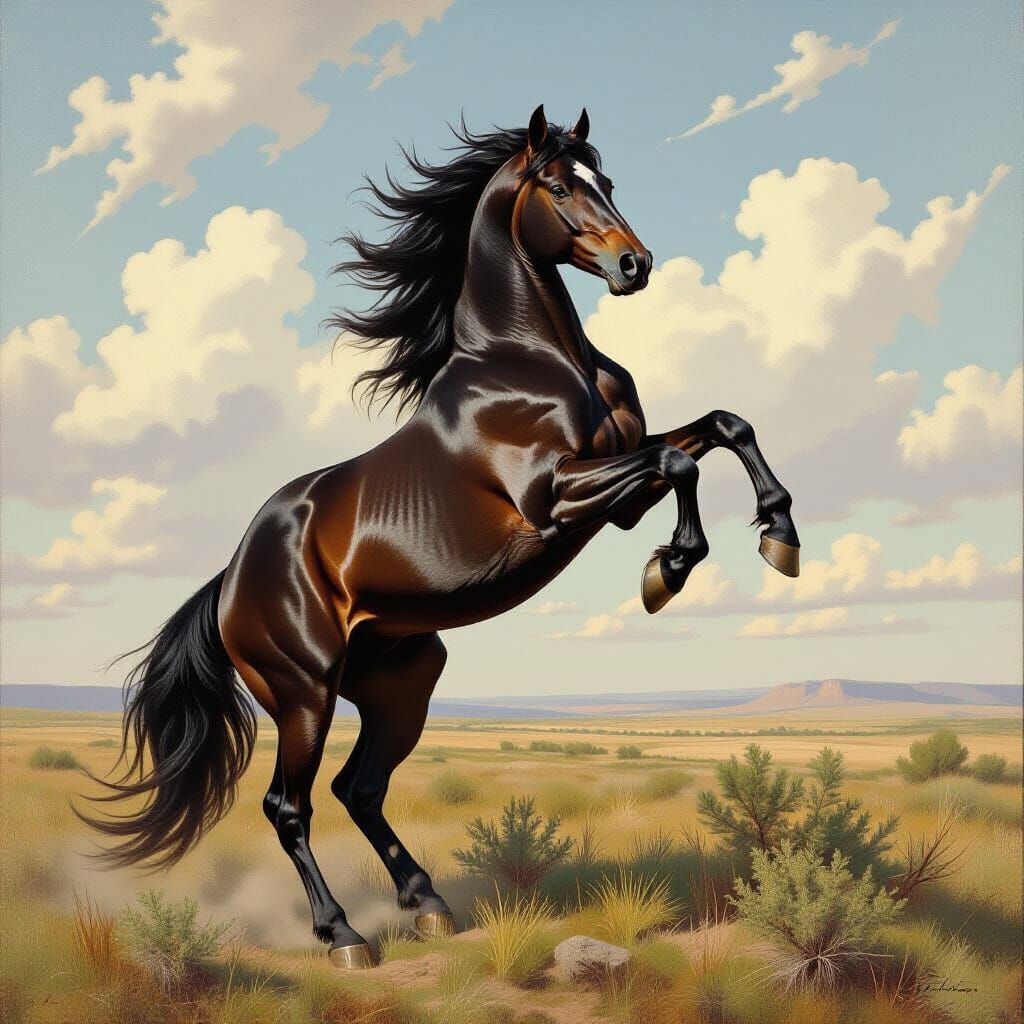 Majestic Black Horse Rearing in Wilderness