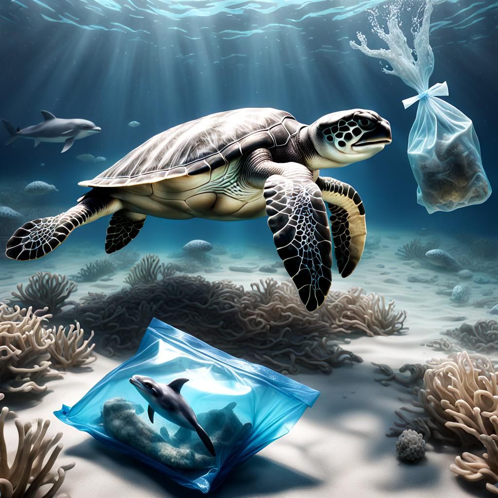 Sea Turtle Struggles in Polluted Ocean: 3D Render