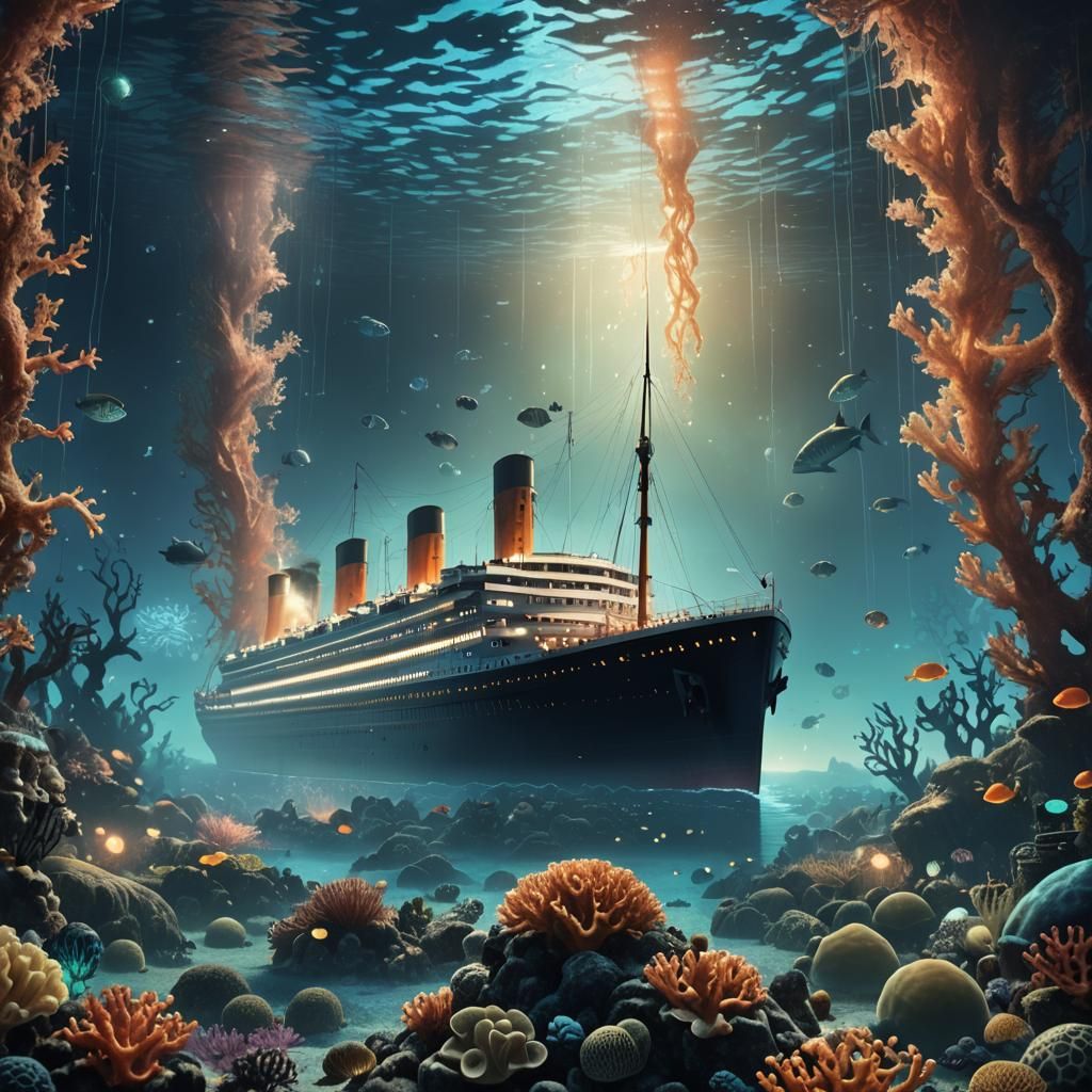 Bioluminescent Titanic Rises: Surreal Digital Painting