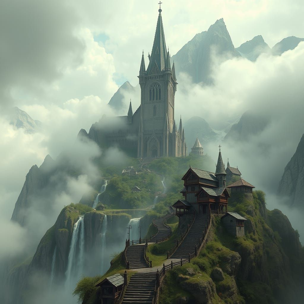 Ethereal Elvish Castle Amidst Majestic Mountains