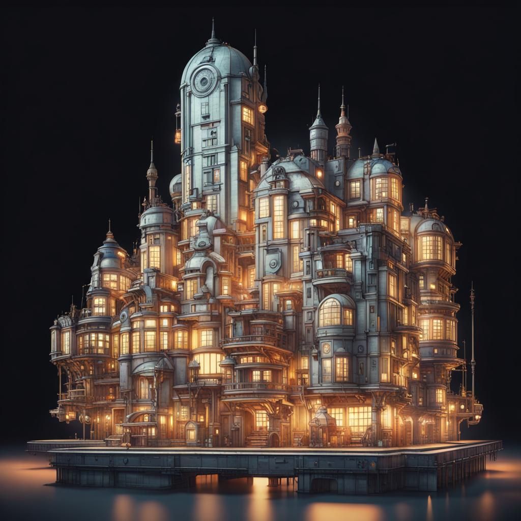 Steampunk City at Night in Mondrian Style