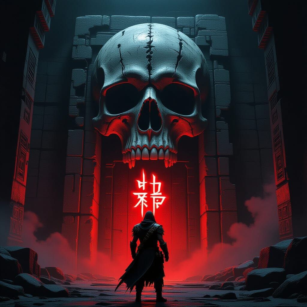 Horror Adventurer at Bone Door in Ancient Temple