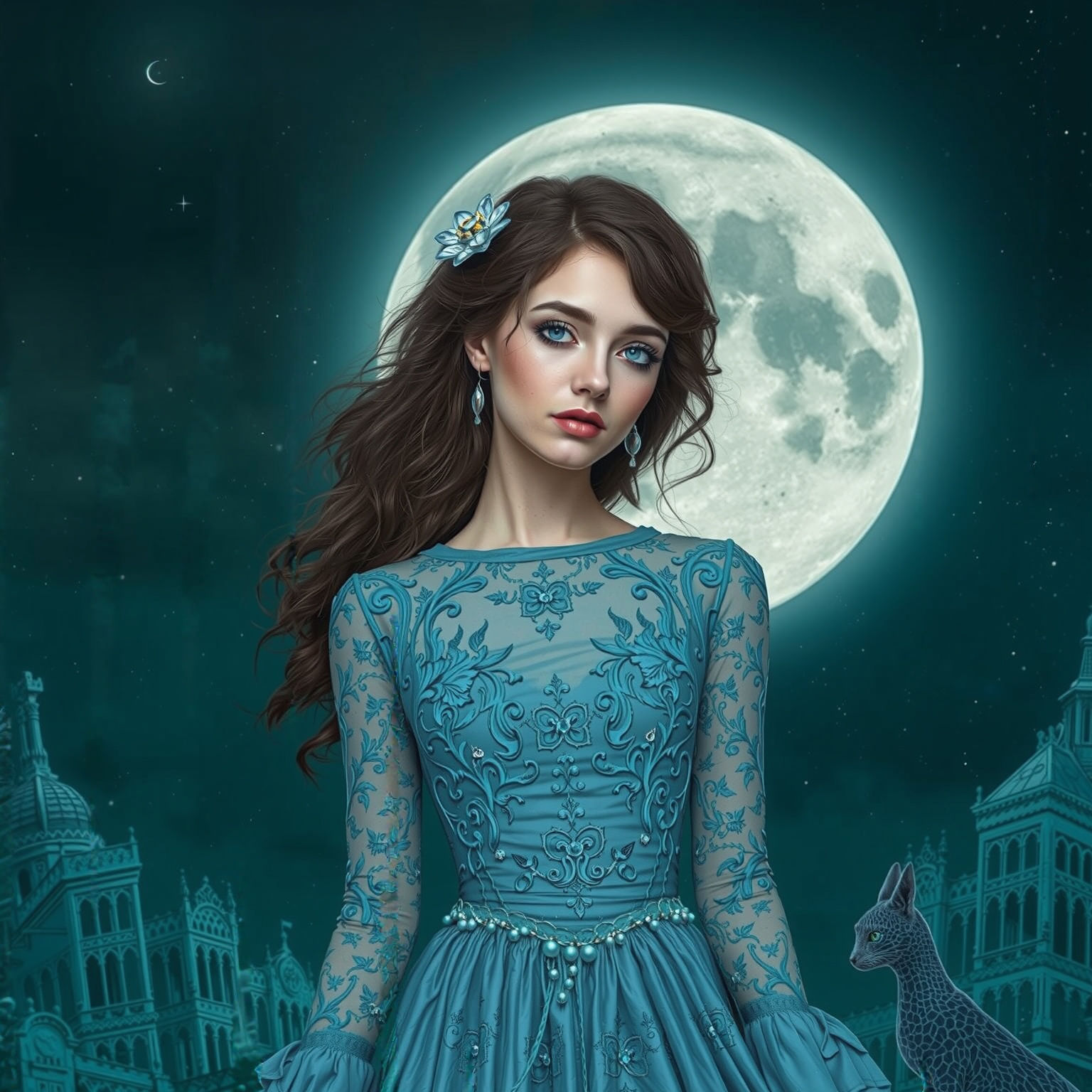 Whimsigothic Woman in Turquoise Dress Under Moon