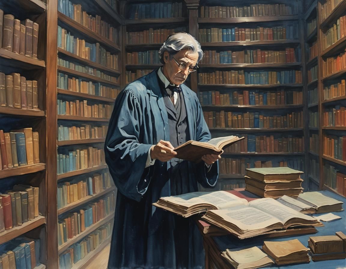Ghostly Librarian in Forgotten Library: Gouache Impressionis...