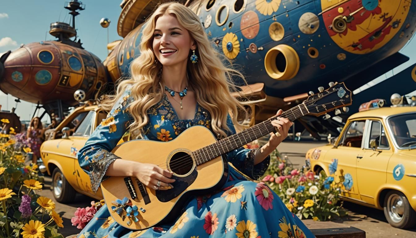 Blonde with Guitar on Spaceship in 60s Style