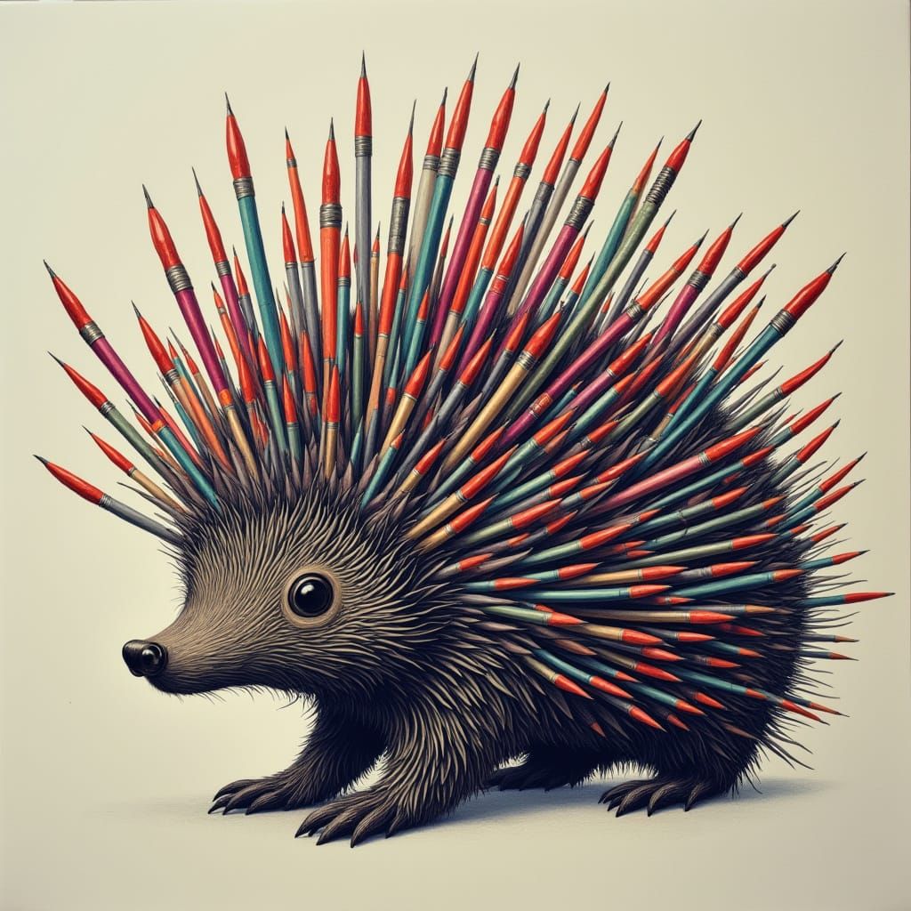 Porcupine Made of Ballpoint Pens in Pop Surrealist Style