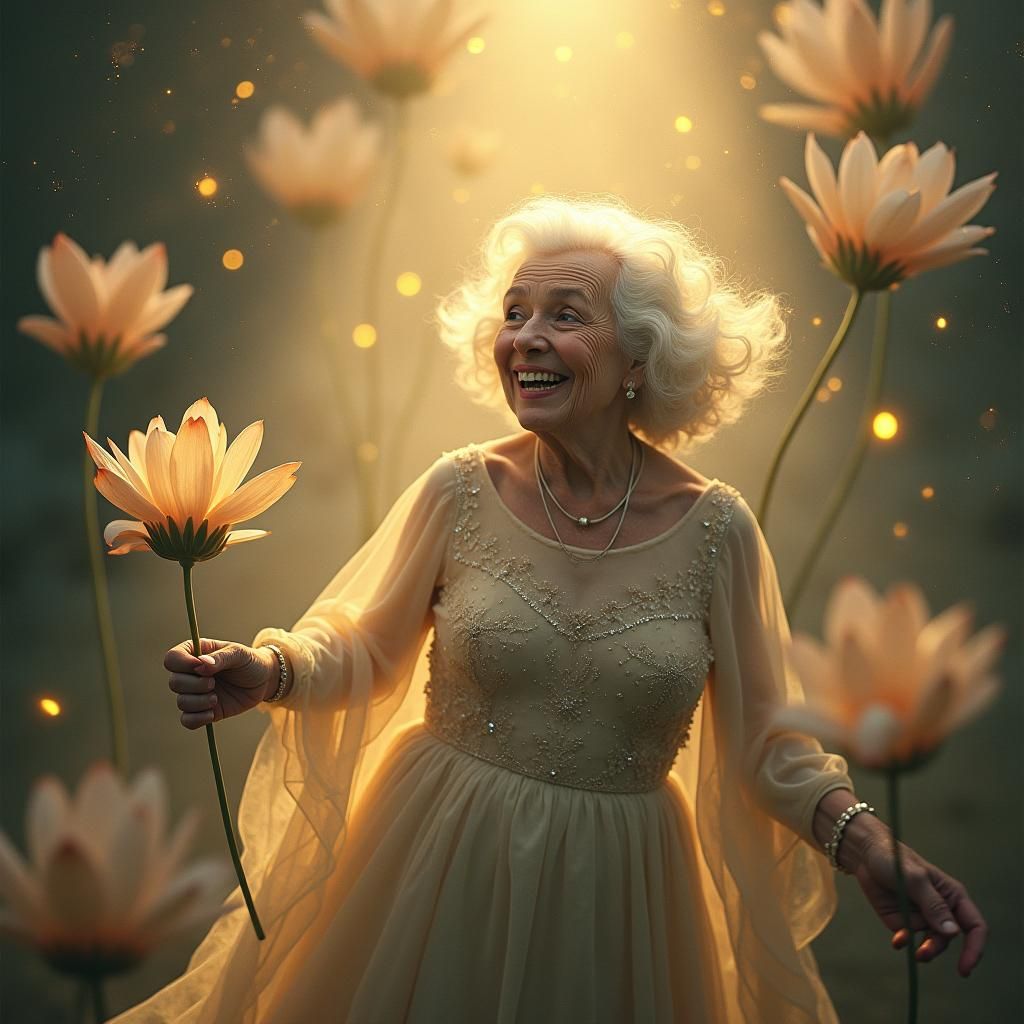 Ethereal Grandmother Surrounded by Dreamlike Flowers