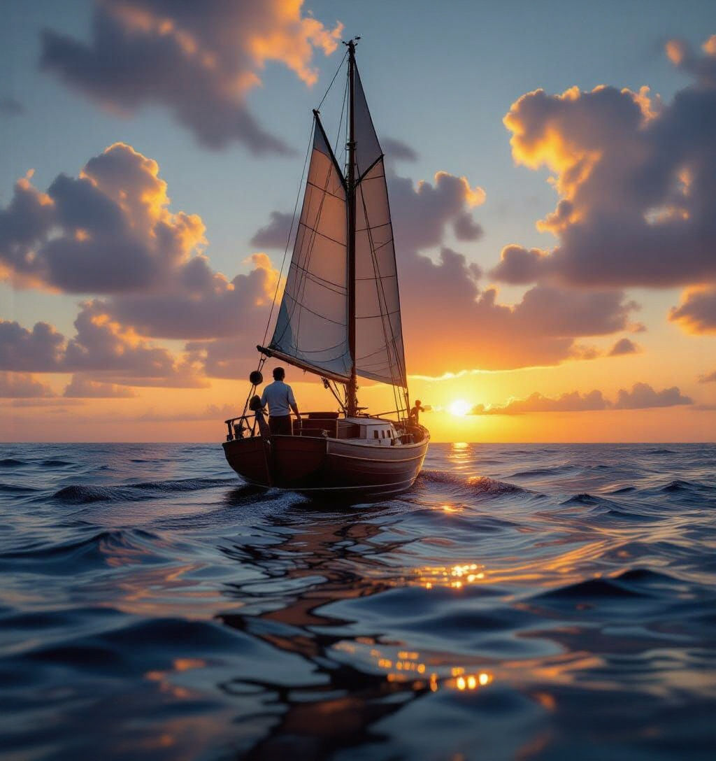 Solitary Sailboat Adrift at Golden Sunset with Ethereal Sire...