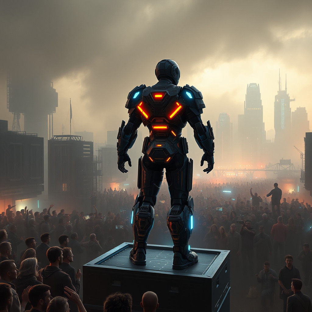 Cyborg Superhero Speaks in Dystopian Cityscape