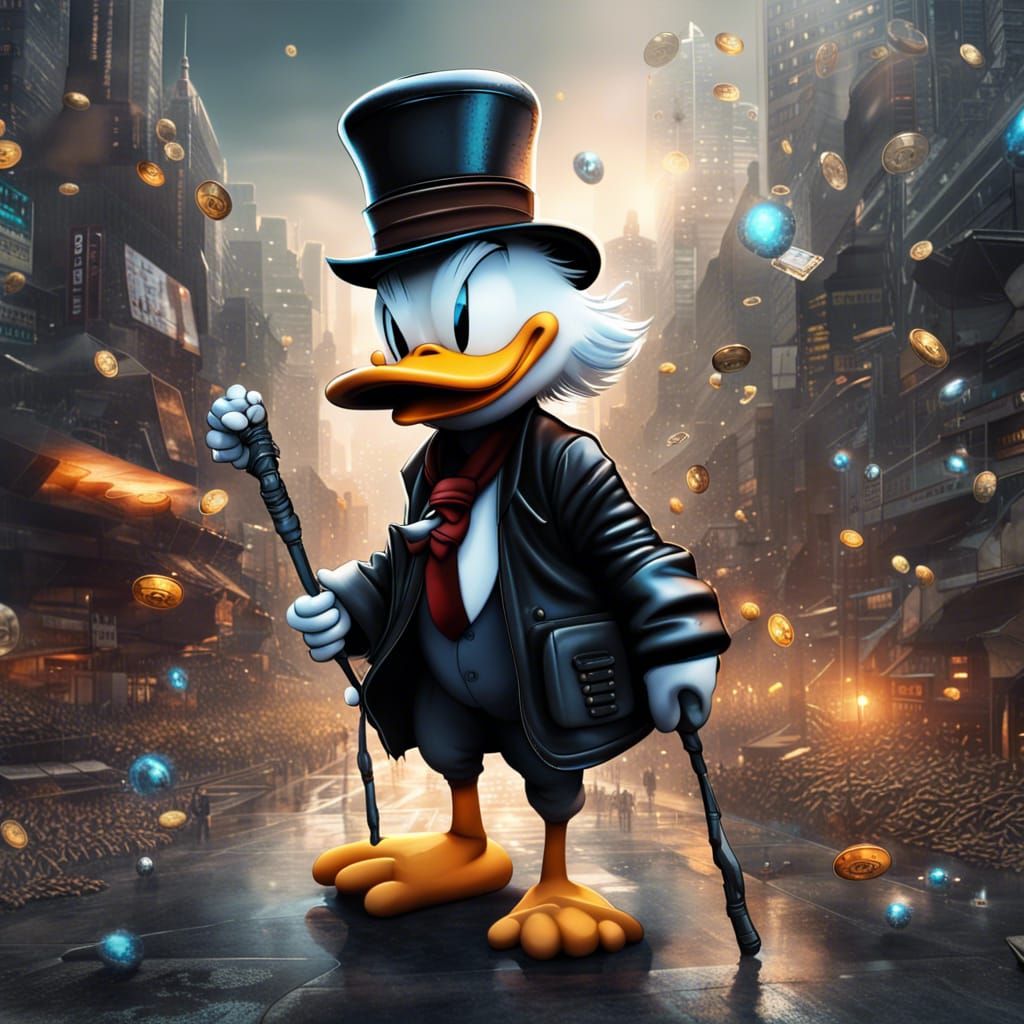 Scrooge McDuck in a Cyberpunk Crypto City, Hyperreal