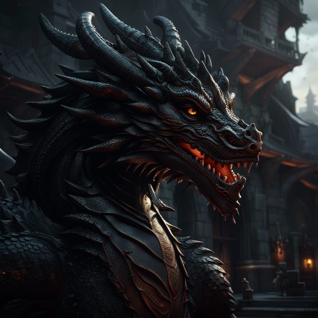 Detailed Black Dragon in Dark Fantasy Style