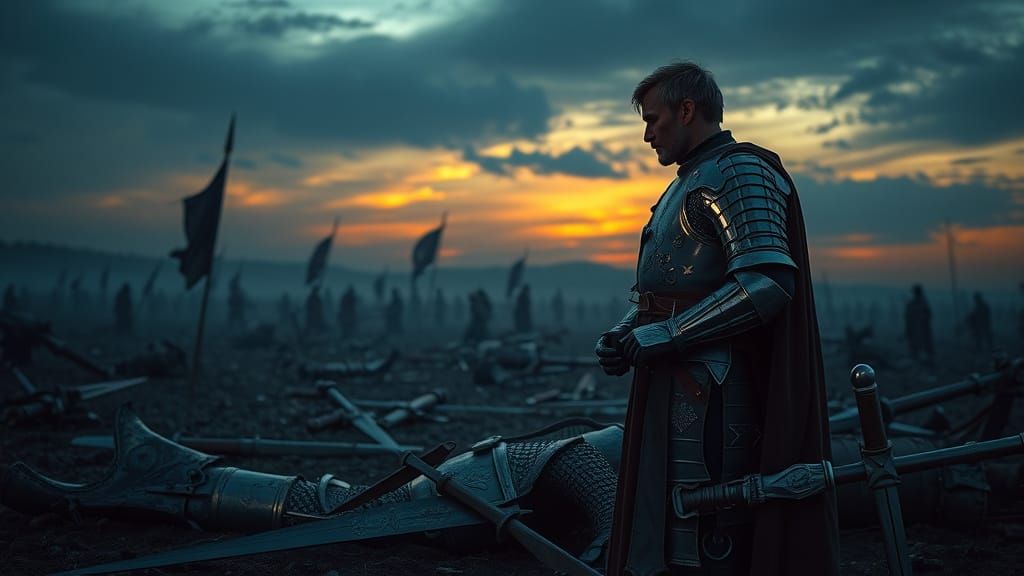 Noble Knight Contemplates Loss on Battlefield