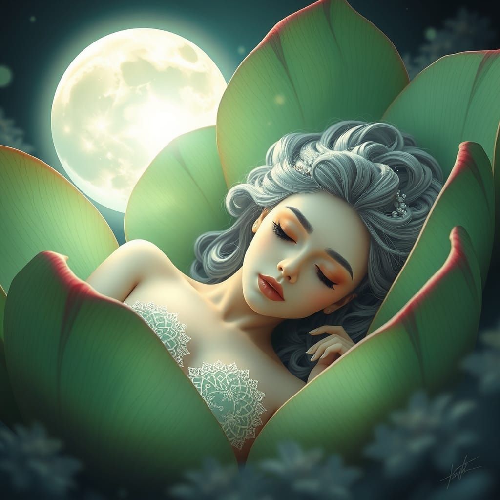 Ethereal Goddess Slumbers Amidst Lotus Bloom
