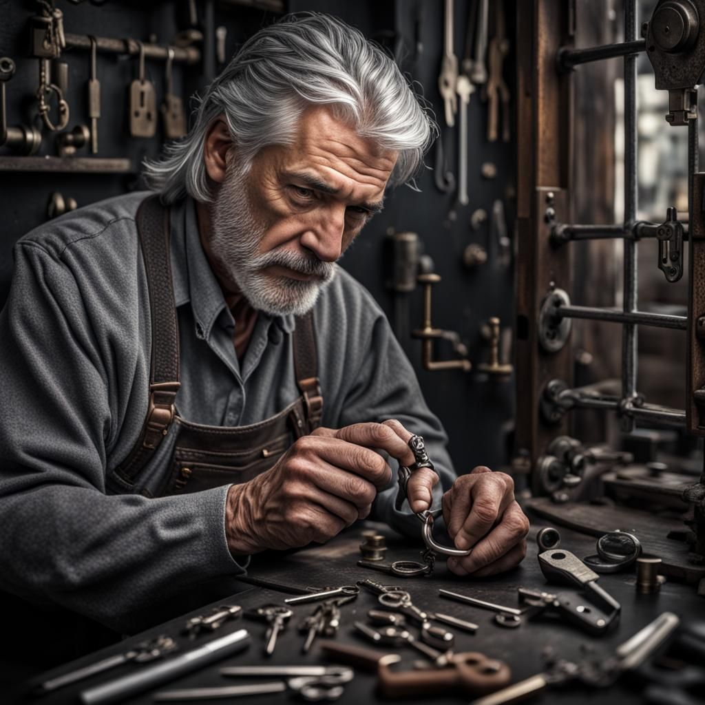 Hyperrealistic Portrait of a Gray-Haired Locksmith