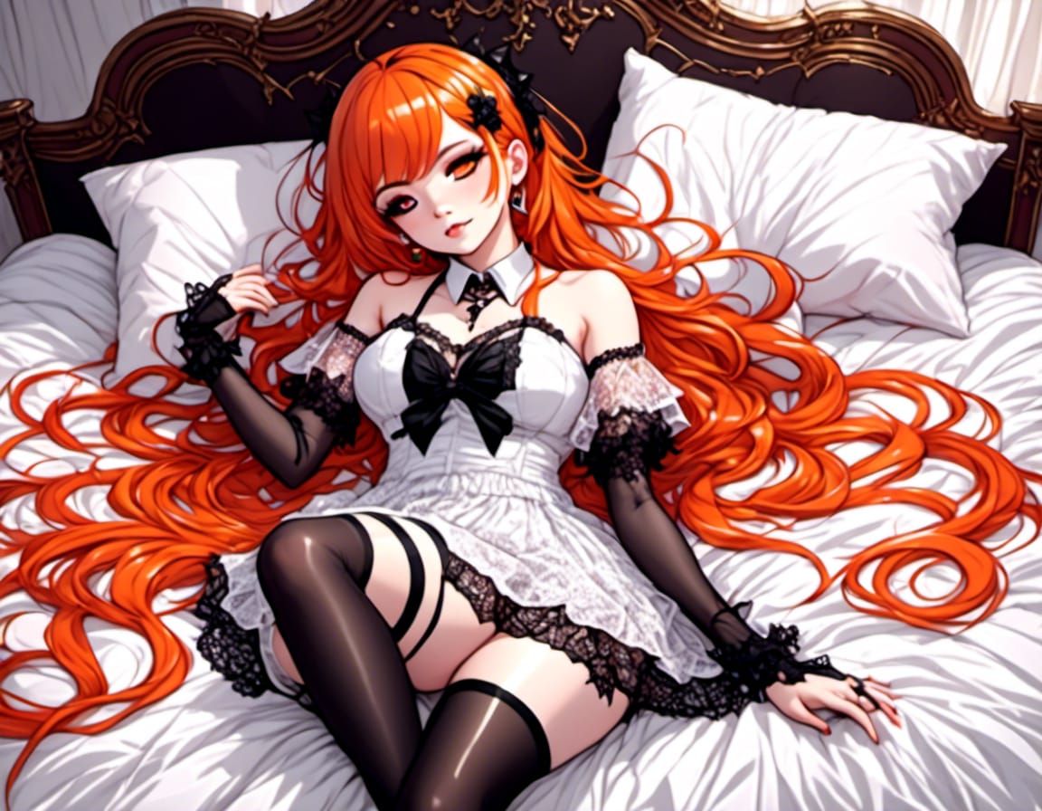 Gothic Emo Queen with Orange Hair in Lingerie
