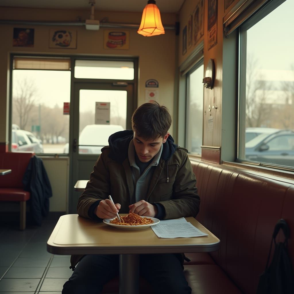 Cinematic Film Still: College Student in Empty Restaurant