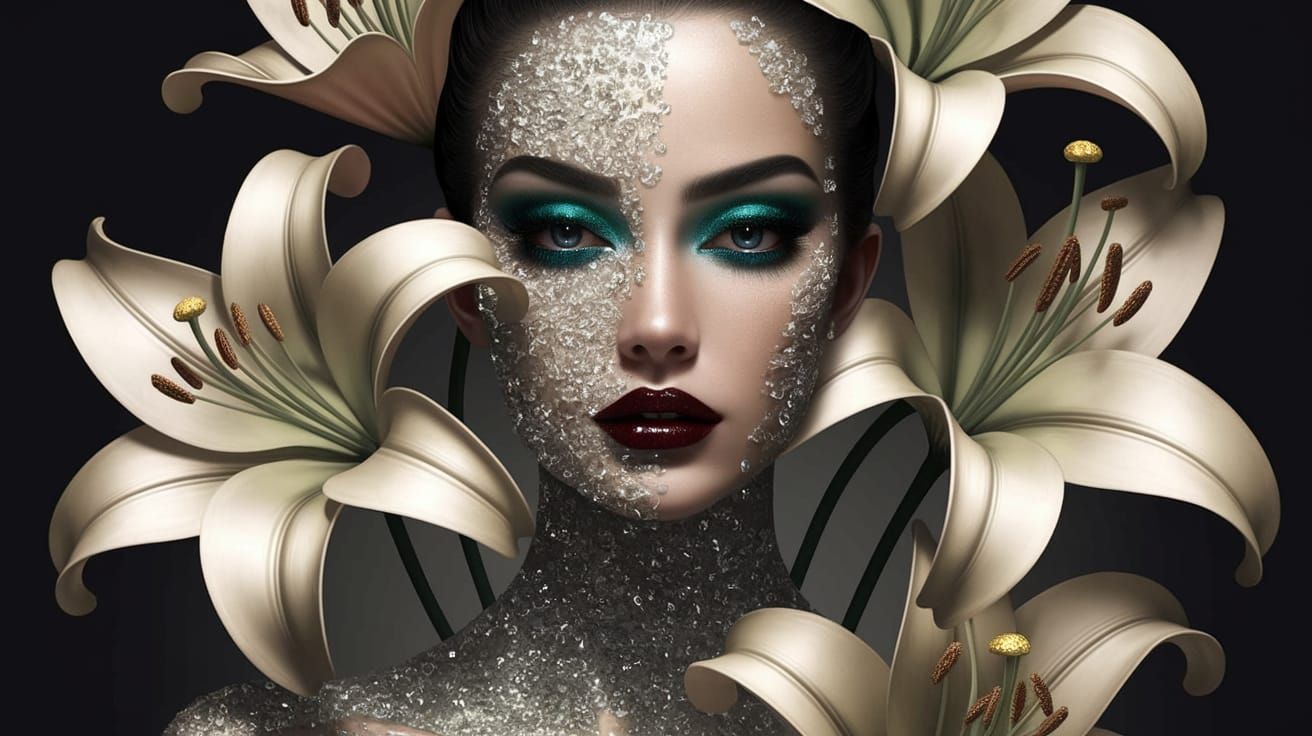 Ethereal Portrait of a Woman Amongst Luxurious Lilies
