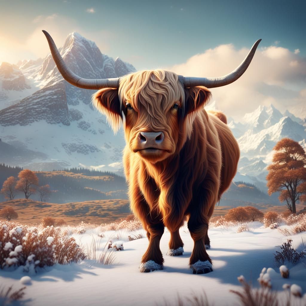 Miniature Highland Cow in Snowy Mountain Landscape