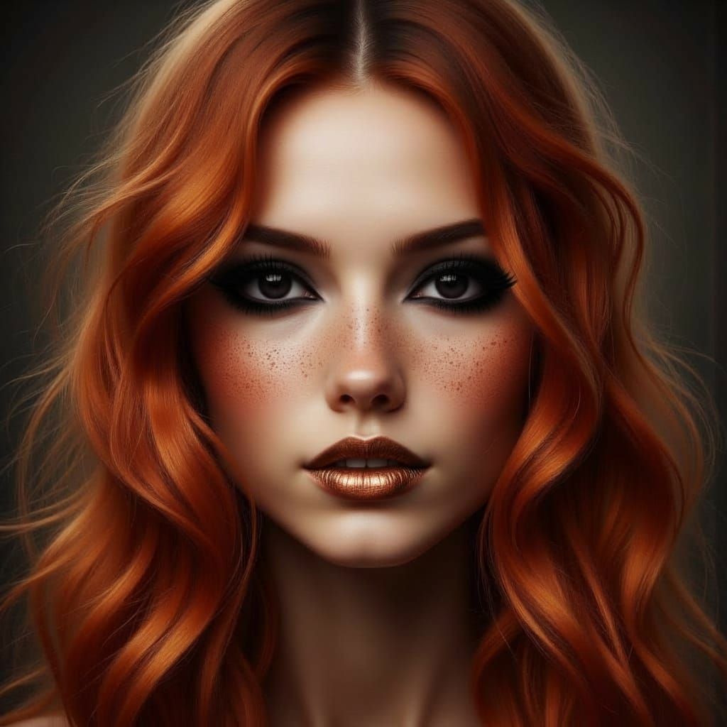 Radiant Goddess Portrait with Copper Hues and Vivid Oils