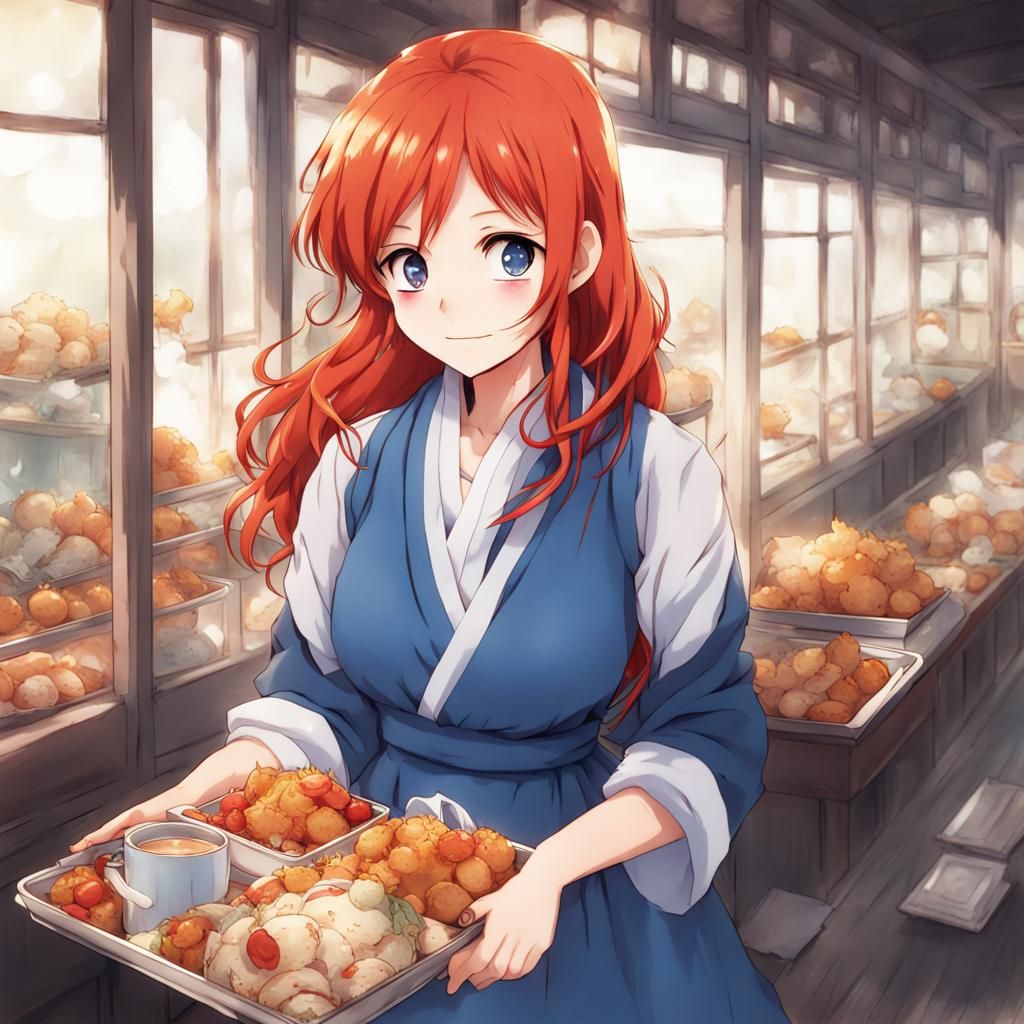 Anime Style Woman with Red Hair Holding Food