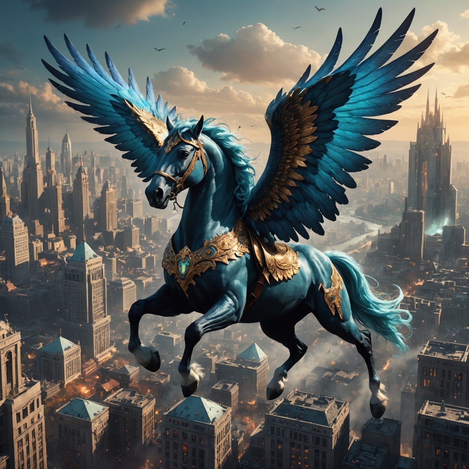 Majestic Pegasus Multitude Over City, Fantasy Concept Art