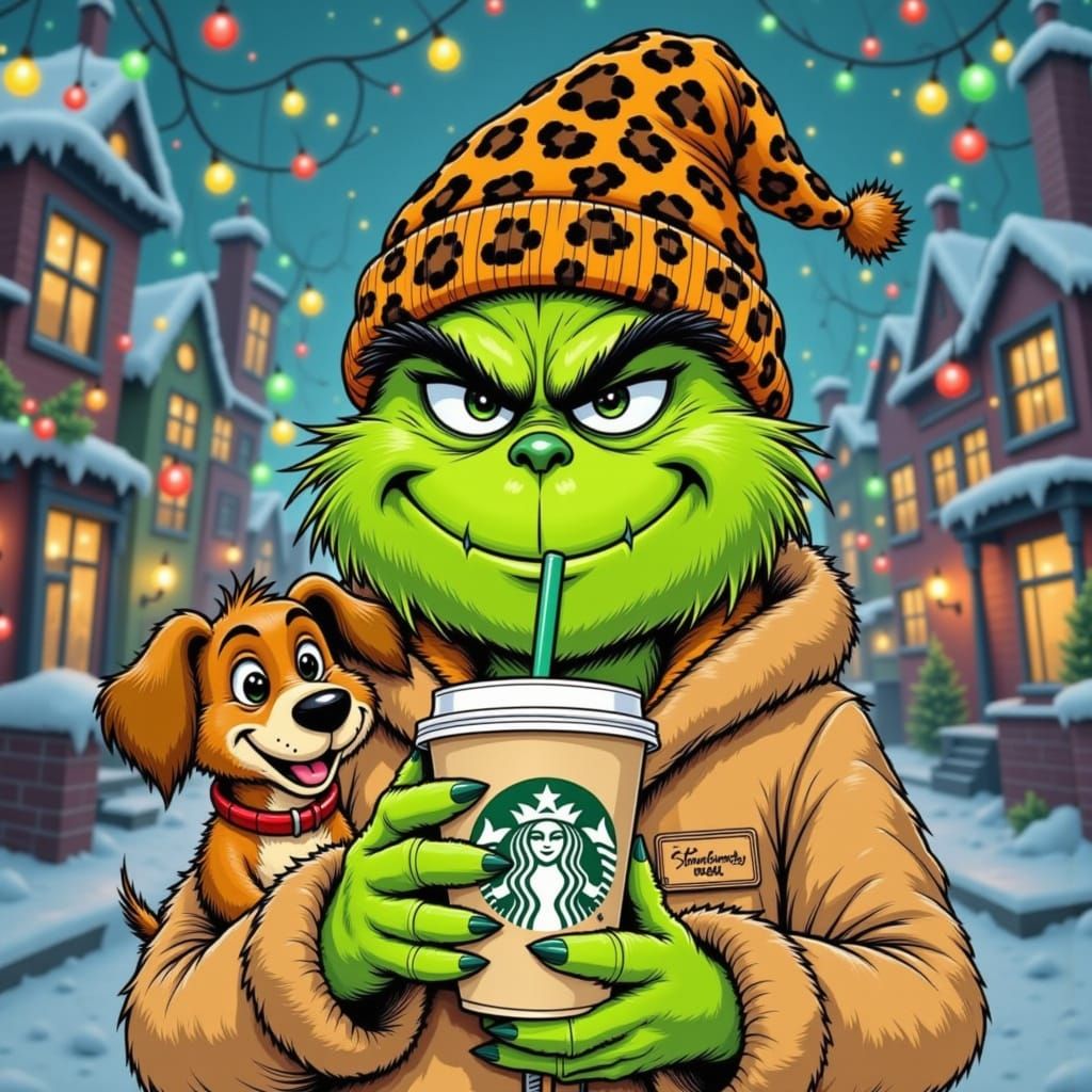 The Grinch Holds Starbucks Cup in Festive Town