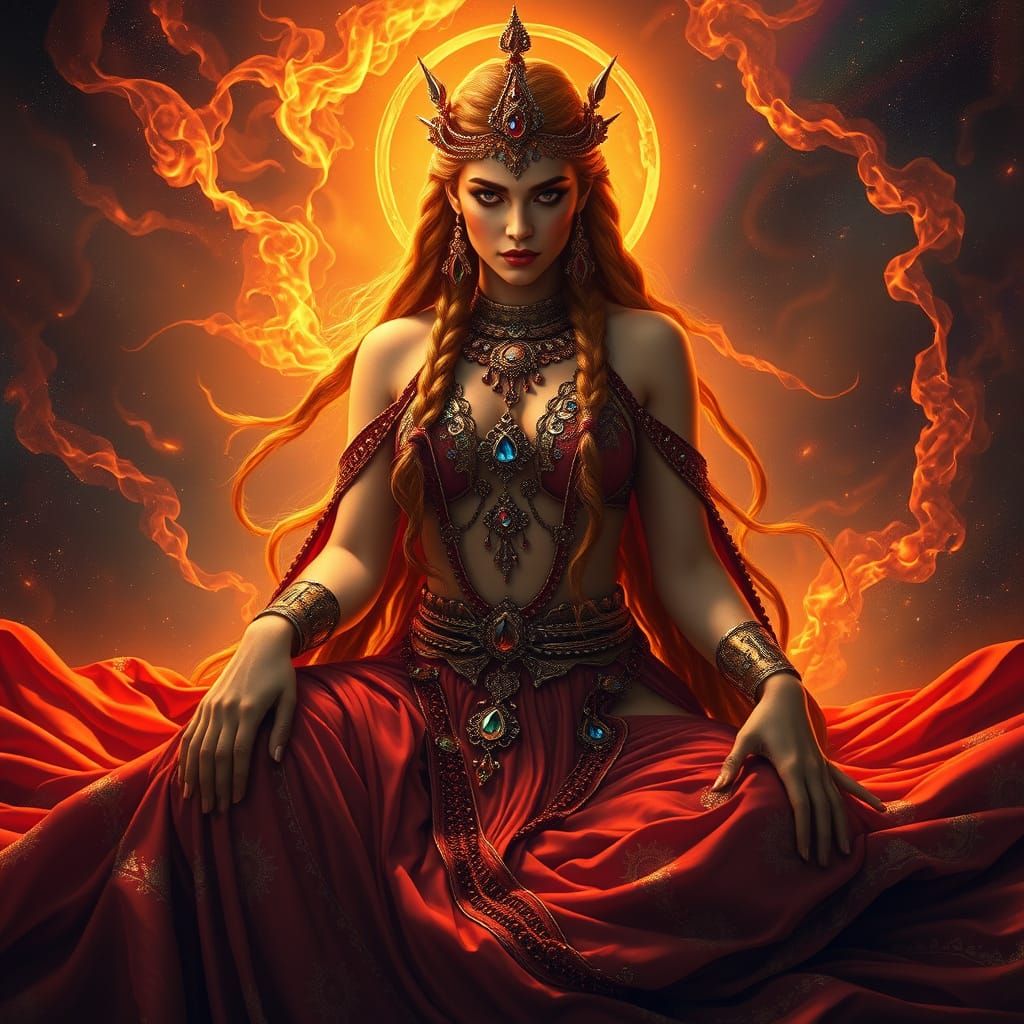 Goddess in Crimson and Gold Fabric: A Digital Painting