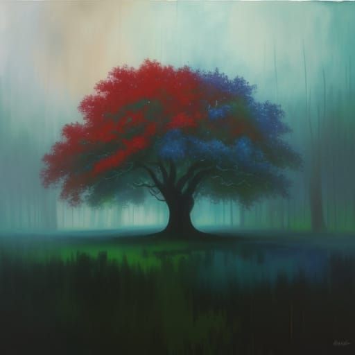Neo-Impressionist Tree in Heavy Rain