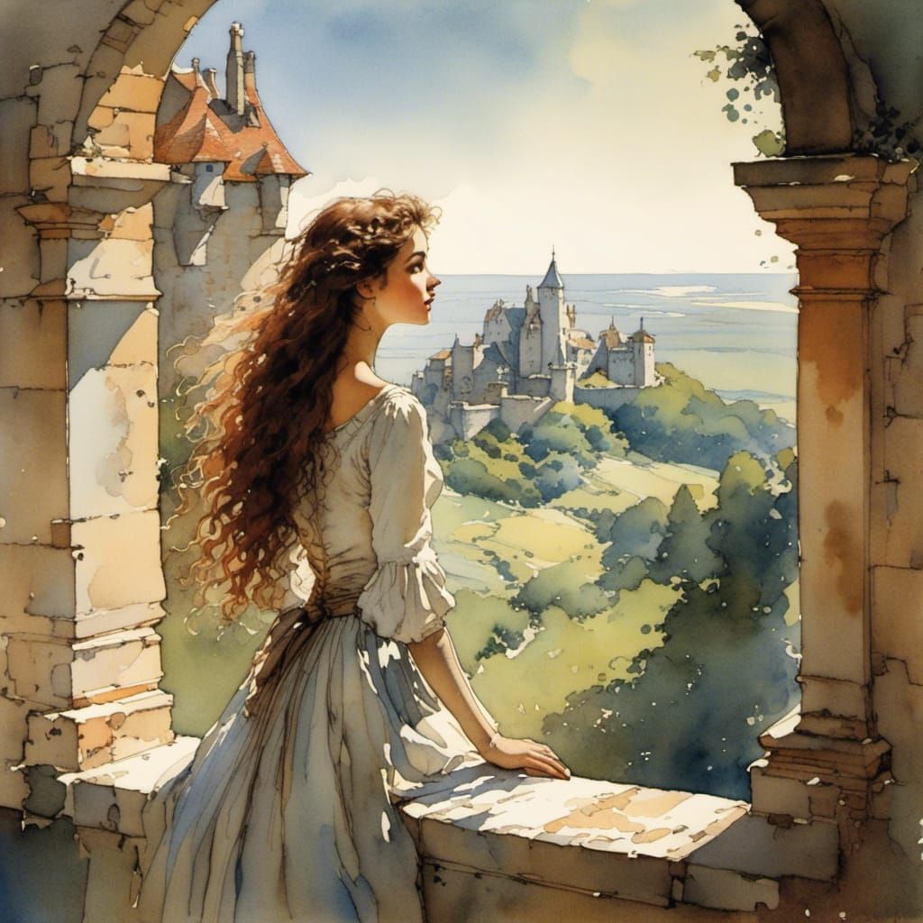 Young Woman Gazing from Castle Window