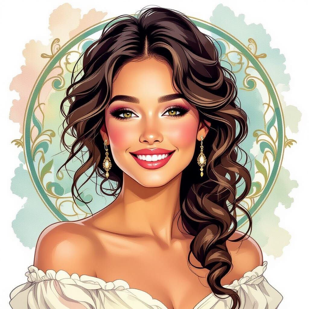 Woman with a Warm Smile in Art Nouveau Style