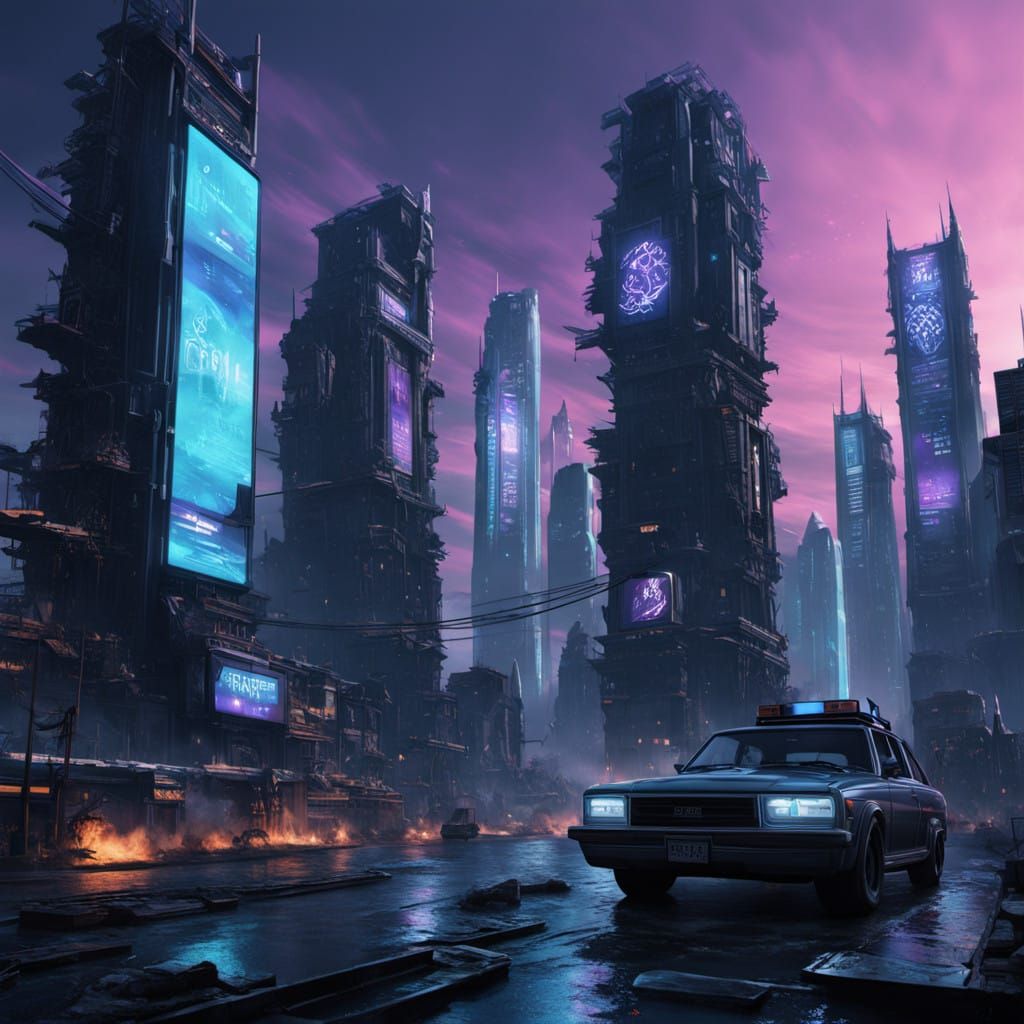 Futuristic Dystopian Metropolis in Neon Twilight